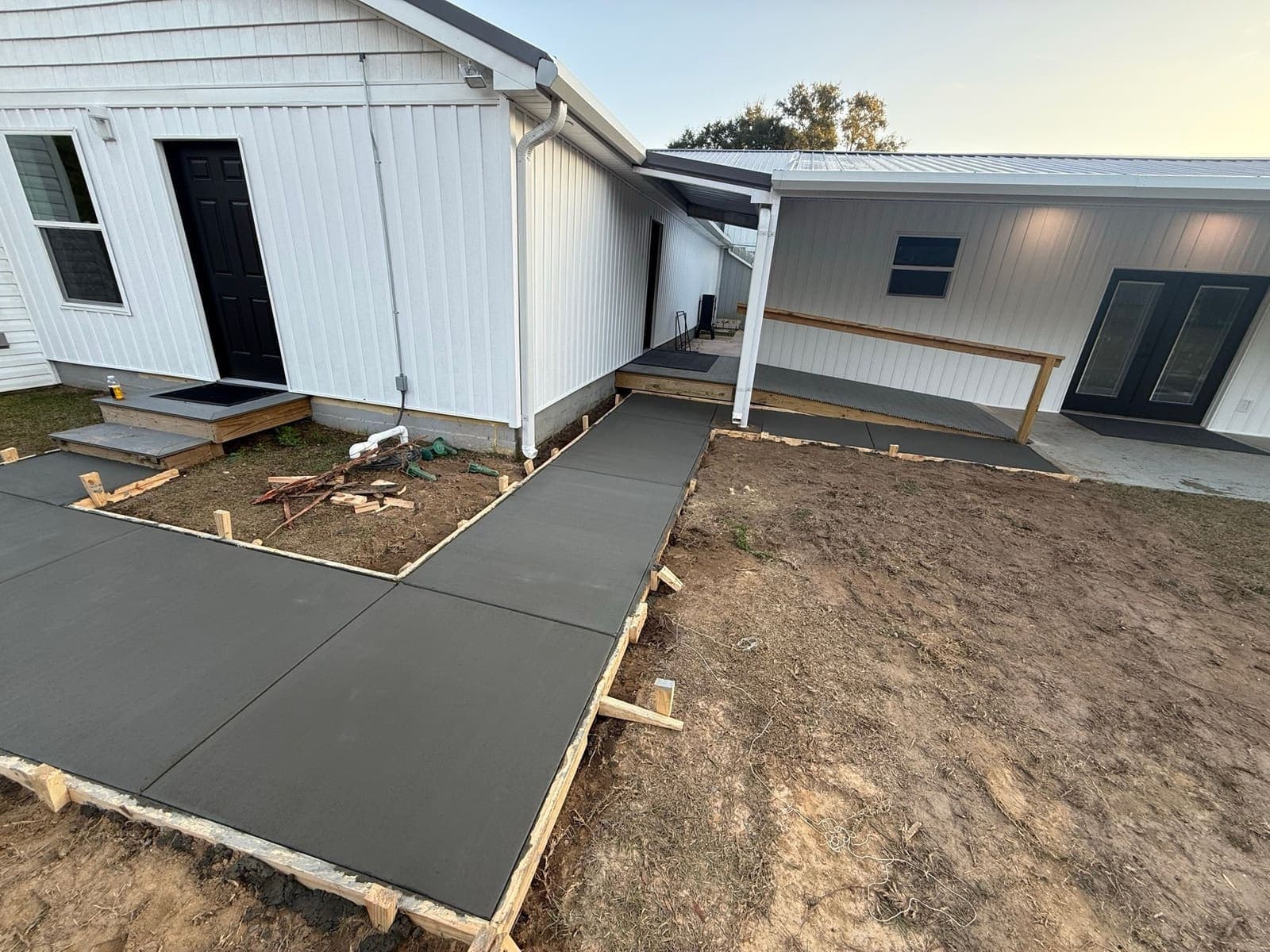 Completed walkways connecting the building entries